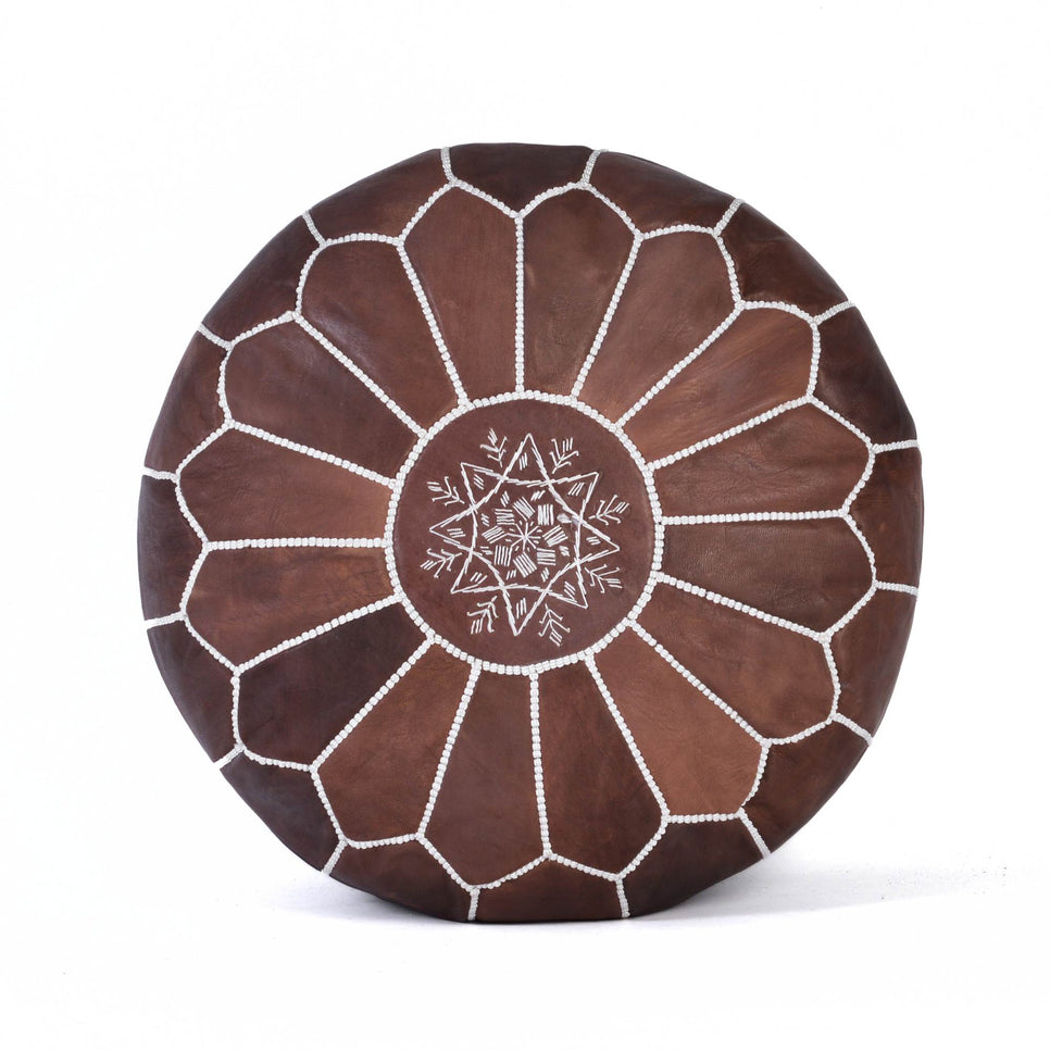 Brown Hand-stitched Embroidery Genuine Leather Ottoman Pouf