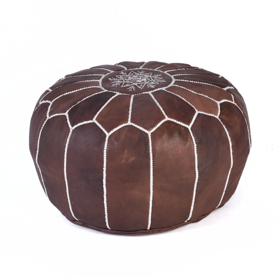 Brown Hand-stitched Embroidery Genuine Leather Ottoman Pouf