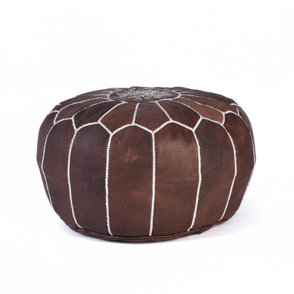 Brown Hand-stitched Embroidery Genuine Leather Ottoman Pouf