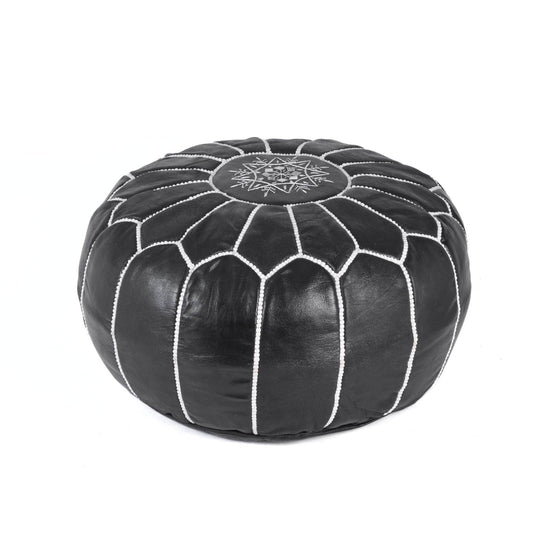 Black&white Hand-stitched Embroidery Genuine Leather Ottoman Pouf