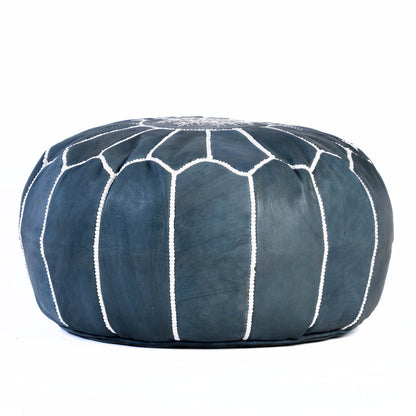 Blue Hand-stitched Embroidery Genuine Leather Ottoman Pouf