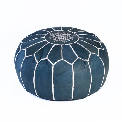 Blue Hand-stitched Embroidery Genuine Leather Ottoman Pouf