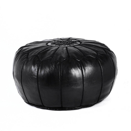 All-Black Hand-stitched Embroidery Genuine Leather Ottoman Pouf